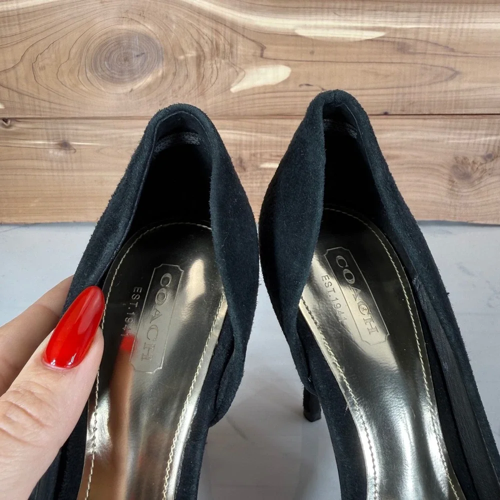 Coach Black Suede Rhinestone Peep Toe Pumps d'Orsay Stiletto Heels‎ Womens 6B
